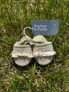 Matcha linen with fringe Parker & Posie baby shoes