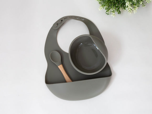 Light army green bib, bowl & spoon set