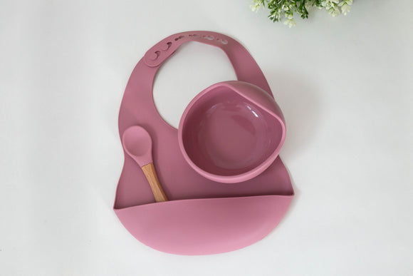 Dusty rose bib, bowl & spoon set